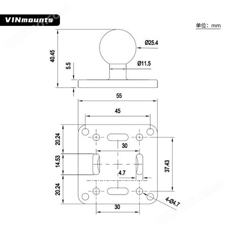 VINmounts®孔距37.5X30mm工业球头底座适配1”球头“B”尺寸